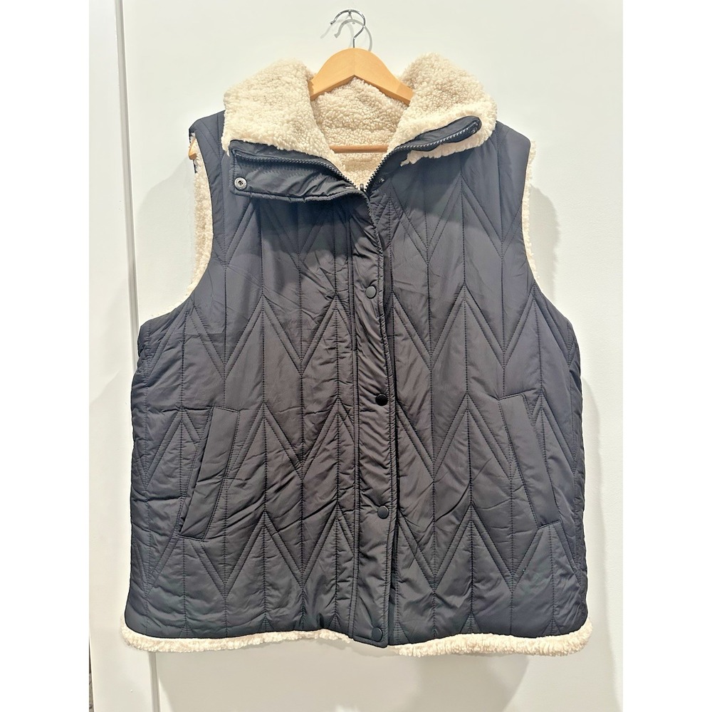 Bernardo Womens Large Quilted Faux Sherpa Lined Reversible Vest Black Jacket